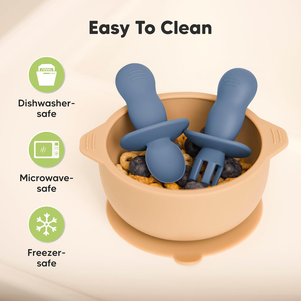 KeaBabies 4-Pack Silicone Baby Spoons and Forks Set - Baby Led Weaning Utensils 6-12 Months, Self Feeding Toddler Spoon & Fork for Training, Teething, Easy to Hold, BPA-Free Silicone (Slate)