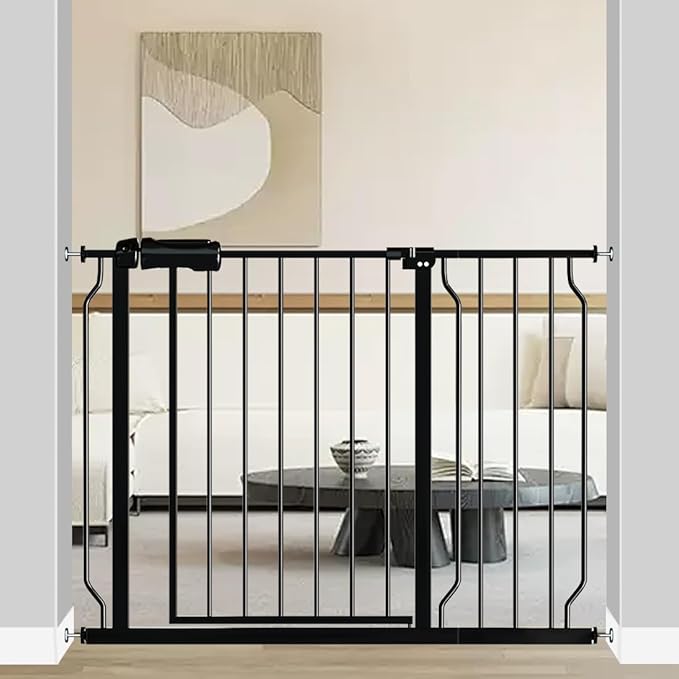 Fairy Baby Walk Through Baby Gate 38.5-43.5 Inch Wide, Pressure Mounted Safety Gate with Door No Drill, Black Tension Metal Gate for Dog and Toddler