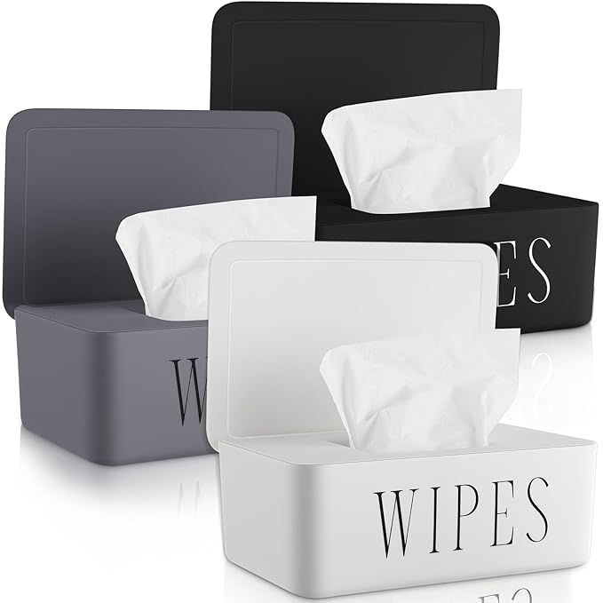3 Pack Baby Wipes Dispenser Holder Wipe Container for Bathroom with Lid Toilet Tissue Paper Storage Refillable Box for Home Office Cars(Small,Black, White, Gray)