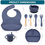 100% Silicone Baby Feeding Set, BPA Free Baby Dishes with Suction Bowl, Divided Plate, Toddler Self Feeding Dish Set with Spoons, Forks, Sippy Cup and Bib, Baby Eating Utensils (Navy Blue)