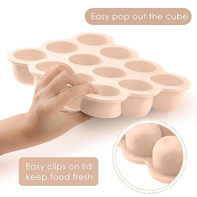 Samuelworld Baby Food Storage Container, 12 Portions x 2.5oz - BPA Free Silicone Freezer Tray with Clip-On Lid for Breast Milk Storage, Homemade Baby Food, Vegetable & Fruit Purees - Brown