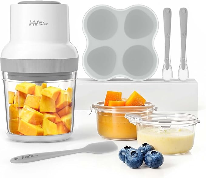 Baby Food Maker, HEYVALUE 13-in-1 Food Processor Set, Fruit, Vegatable, Meat, Baby Puree Blender with Baby Containers, Food Freezer Tray, Silicone Spoons, Spatula (Gray)