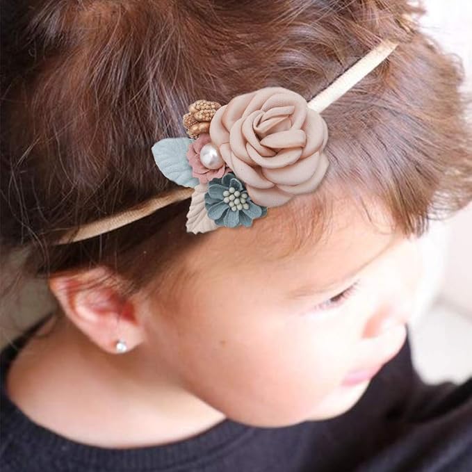 Baby Girl Nylon Headbands Flower Hair Bows Accessories-Elastic Hair Band Crown Handmade FLoral Wraps Birthday Gifts for Girls Newborn Infant Toddler 4Pcs