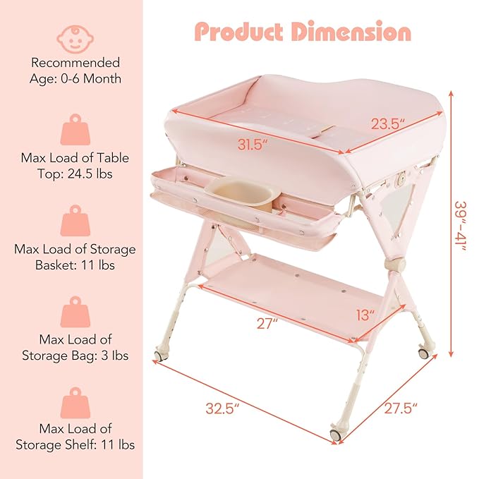 INFANS Baby Changing Table with Wheels, Portable Folding Diaper Station Nursery Organizer with Storage Basket, Hanging Rack, Adjustable Height, Safety Belt for Newborn Infant (Light Pink)