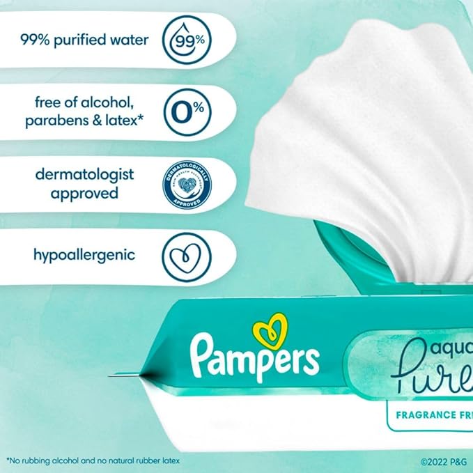Pampers Baby Wipes Aqua Pure, 99% Water Based Wipes, Hypoallergenic and Unscented Infant Wipe, 336 Total (6 Flip-Top Packs)