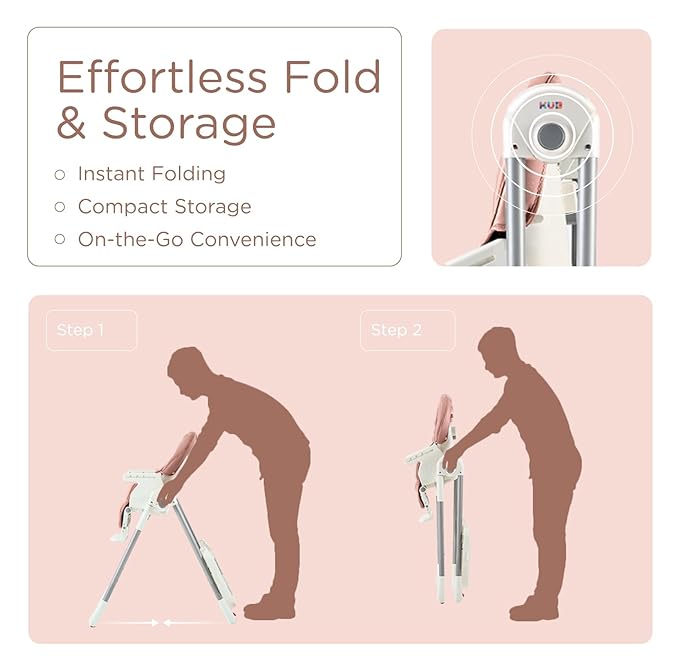 KÜB 3-in-1 Foldable Baby High Chair | 7 Height & 4 Recline Adjustable | Removable Seat & Tray for Easy Clean | 2 Locking Wheels | Multifunctional Infant High chairs for Babies and Toddlers Girl (Pink)