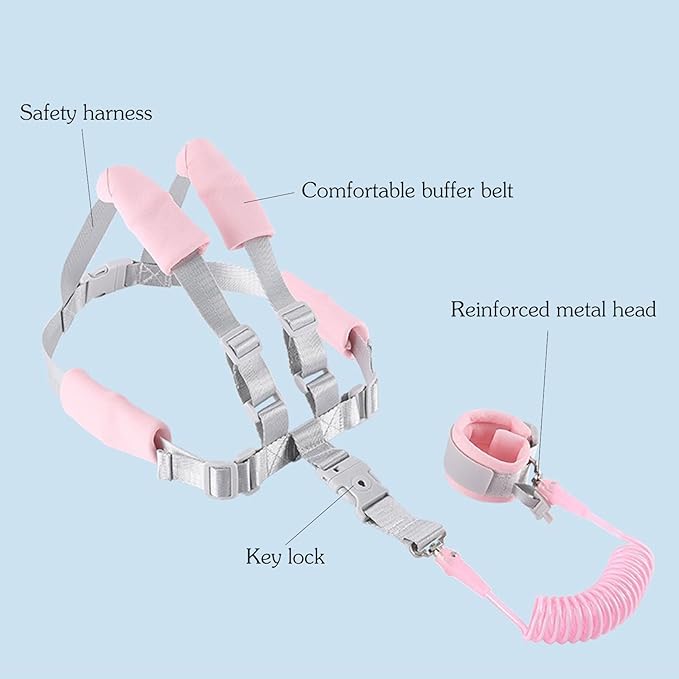 Toddler Harness Leash, 2-in-1 Anti Lost Leash with Safety Lock & Adjustable Wrist Link, 6.6ft Rein for Kids 1-3 Years, Baby Security Harness for Crowded Places, Travel, Shopping (Pink)