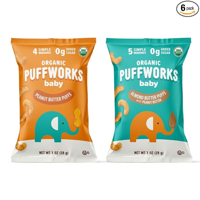 Puffworks Baby Peanut and Almond Variety Pack, Perfect for Early Peanut Introduction, Plant Protein, USDA Organic, Gluten-Free, Vegan, Non-GMO, Kosher, 1.0 Ounce (Pack of 6)