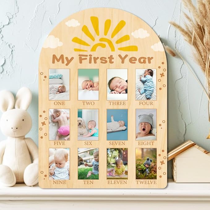 ORIGACH My First Year Baby Growth Photo Display Wood Board - 12 Months Newborn Milestones Photo Board - Neutral Baby Keepsake Frame 1st Birthday Party Nursery Decor New Mom Gift - Sun & Cloud