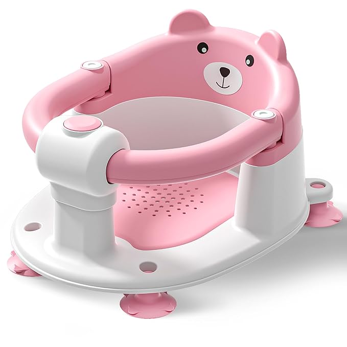 Baby Bath Seat for Babies 6 Months & Up, Toddler Bath Seats for Babies Sitting Up, Non-Slip Infant Bath Tub Chair with 4 Suction Cups & Soft Cushion for Shower, Compact Toddler Bathtub Seat, Pink