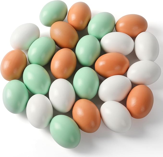 CALPALMY (24 Pieces) Hyper-Realistic Wooden Eggs - 3 Colors Wooden Fake Eggs for Easter, Painting, Decorating, Crafting, Fake Food, and Nest Box Training (8pcs Brown, 8pcs White, 8pcs Green)