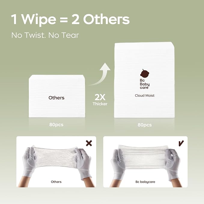 Bc Babycare Cloud Moist Baby Wipes, Thick & XL, 99% Water, Ultra-Hydrating, Unscented, Hypoallergenic for Sensitive Skin, Biodegradable, 3 Flip-Top, 240 Count