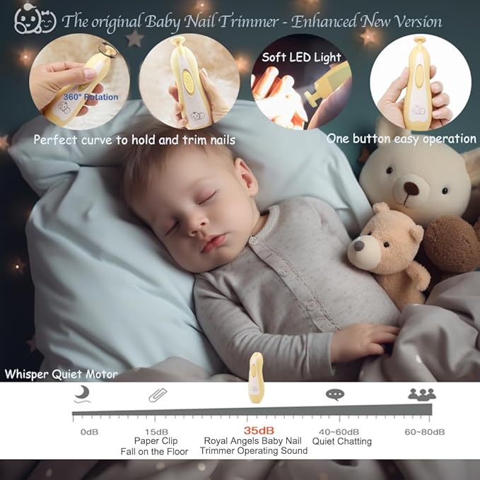 Baby Nail Trimmer 21 in 1, Usage Labeled Case & 13 Extra Replacement Tools, Royal Angels Baby Electric Nail File, Baby Nail Care, Nail Clipper Newborn Toddler Toes & Fingernails Nail Kit (Yellow)