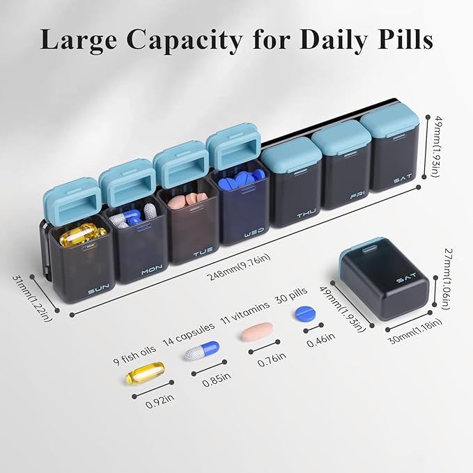 Weekly Pill Organizer Magnetic, Removable Pill Box 7 Day 1 Time a Day, Large Pill Case Travel, Week Once Daily Medication Dispenser, Medicine Container Holder for Supplement Vitamin, Blue