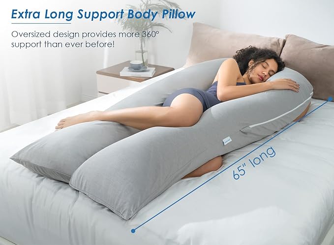 QUEEN ROSE Extra Long U Shaped Body Pillow, Cooling Pregnancy Pillows for Sleeping, 65 Inch Full Body Support Maternity Pillow for Adults, Support for Back, Hip, Legs for Pregnant Women, Grey