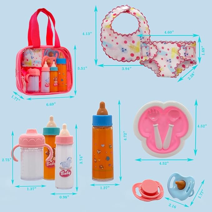 Baby Doll Accessories Magic Bottle Set - 11 Pieces Doll Feeding Pretend Playset with Disappearing Milk & Juice Bottles, Pacifiers Bowl Diaper and Bib Doll Bottle Toys set Gift for Kids Girls Ages 3+