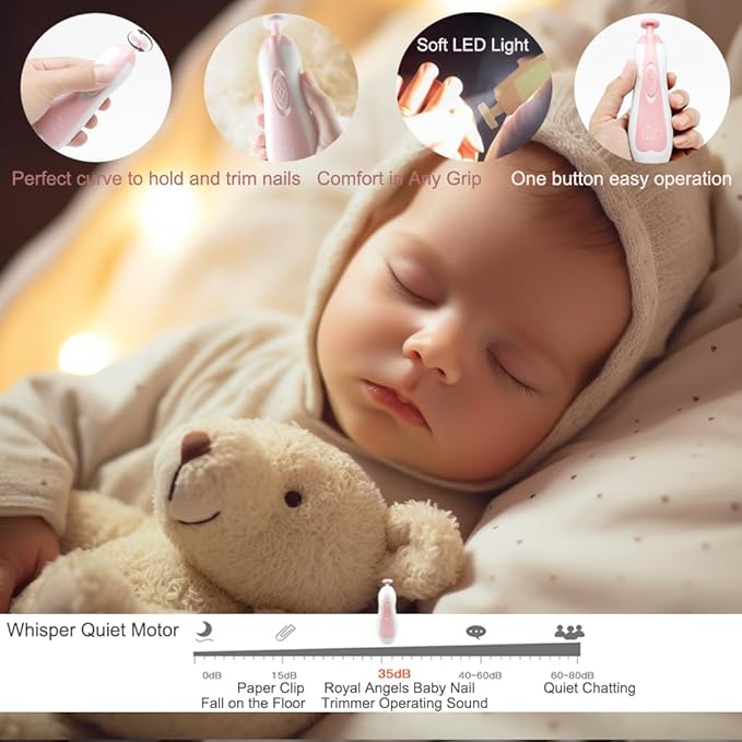 Baby Nail Trimmer 21 in 1, Usage Labeled Case & 13 Extra Replacement Tools, Royal Angels Baby Electric Nail File, Baby Nail Care, Nail Clipper Newborn Toddler Toes & Fingernails Nail Kit (Pink)