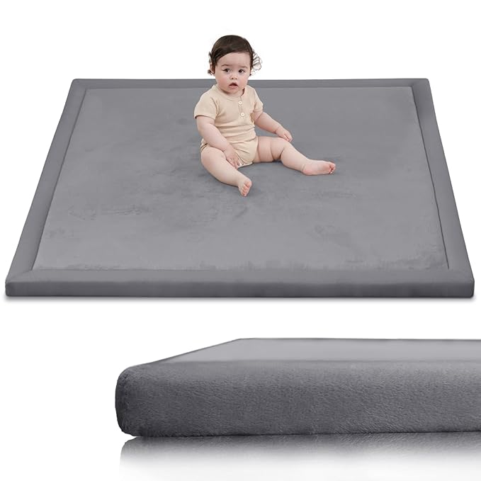 Ultra Soft Baby Play Mat for Floor,1.3" Thick Elasti-Foam 50x50 Playpen Mat for Toddlers Infant kids,Water-Repellent Coral Velvet for Tummy Time,Non-Slip Backing Safe for Crawling,Tatami Style (Dark Grey)