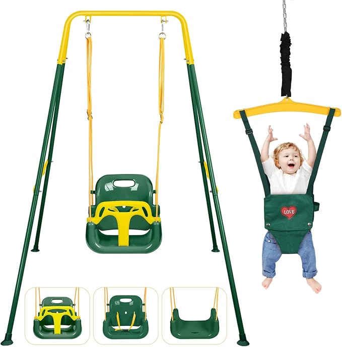 4-in-1 Toddler Swing Set & Baby Jumper and Bouncer for Toddlers, Foldable Baby Swing Stand for Outdoor Indoor Play, Easy to Assemble and Store for Ages 6 Months to 10 Years Old (Dark Green)