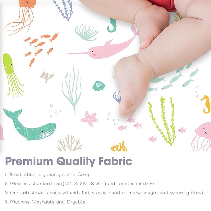 Bimocosy Crib Sheets for Boys Girls, Fitted Crib Sheet 4 Pack for Standard Crib and Toddler Mattresses, Super Soft Breathable Microfiber Baby Sheet 28x52x8in, Ocean World/Milky Green/Seashell/Blue