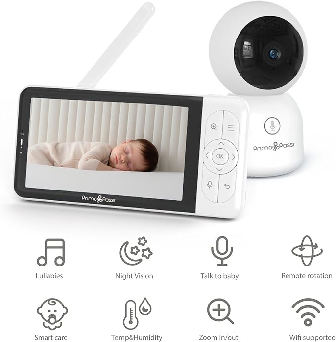 Primo Passi Smart Wi-Fi Baby Monitor with 5" HD Display, Night Vision, Two-Way Audio, Temperature Sensor, and App Access for iOS & Android