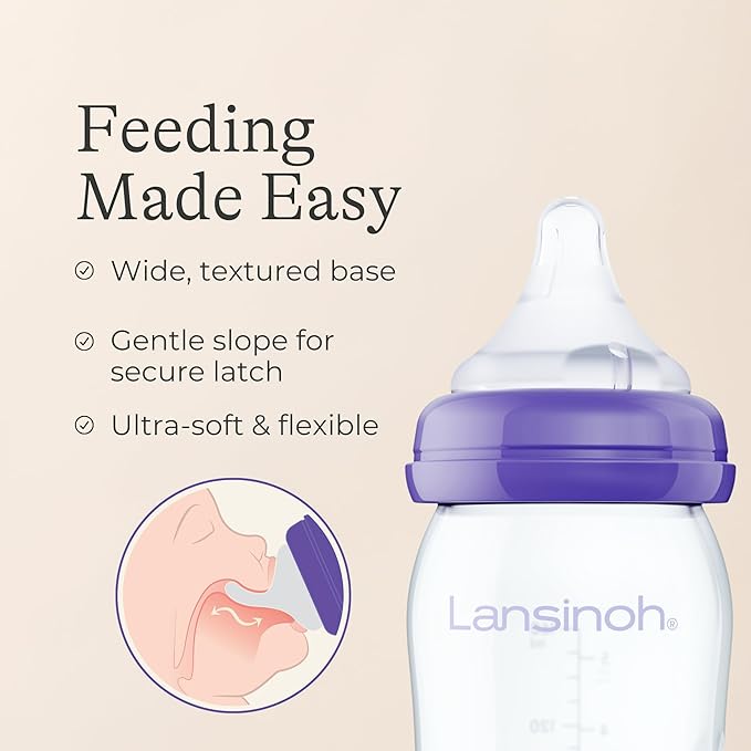 Lansinoh Anti-Colic Glass Baby Bottles, 8 Ounces, 4 Count Bottles for Feeding, Baby Essentials, Includes 4 Medium Flow Nipples, Size M
