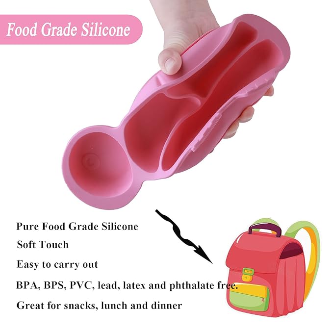 Silicone Suction Plate spoon fork sets for Toddlers,Divided Plate Dish Placemat Bowl for Baby Kids Infant Self Feeding Training，Fits Most Highchairs, BPA Free Microwave Dishwasher Safe-Pink
