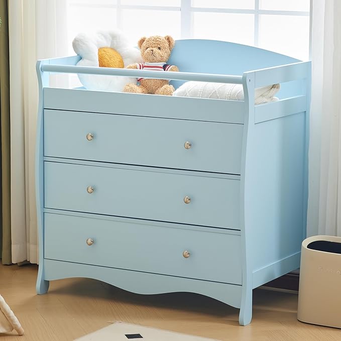 3-Drawer Changing Table, Safety Rails & Strap, Infant Diaper Changing Station with Drawers, Baby Diaper Changing Table Dresser for Nursery, Easy Assembly (Blue)
