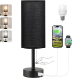 Black Bedside Lamp for Bedroom Nightstand - Small Table Lamp with USB A + C Charging Port, 3 Color Temperatures Pull Chain Night Stand Light with Bulb， Side Table Desk Reading Lamp for Living Room