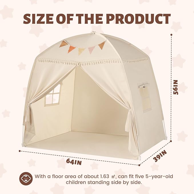 Sumbababy Large Teepee Tent for Kids: with Star Lights & Flags - Tent for Kids Indoor Toddler Teepee for Boys & Girls - Toddler Playhouse Inside Canopy Bed for Playroom Gift Toys (Cream)