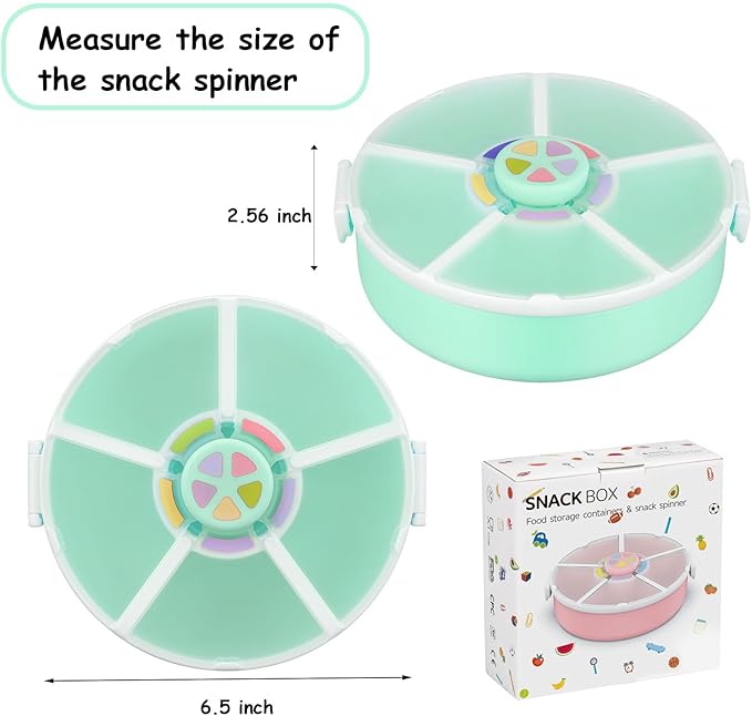 Kids Reusable Rotating Snack Container with 5 Separate Compartments, Color Matching Opening Lid,BPA/PVC-Free, Dishwasher Safe, Perfect for Travel, School Lunches & On-the-Go Snacking-Green