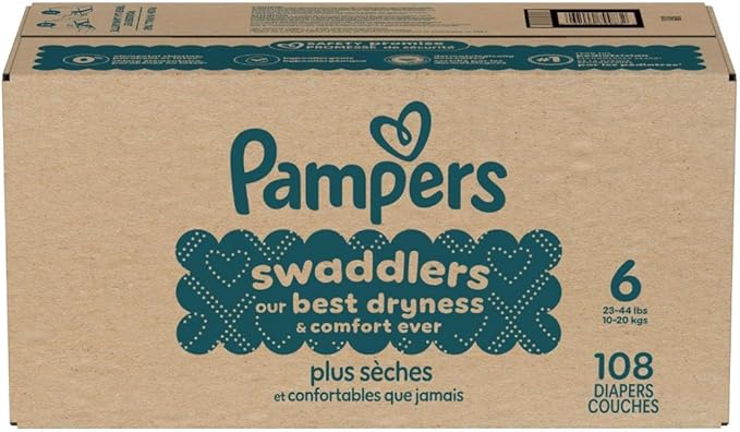 Pampers Swaddlers Diapers, Size 6 (23-44 lbs), 108 Count, Absorbent, Keeps Baby Dry and Comfortable, Skin Safe Disposable Baby Diaper (Packaging May Vary)