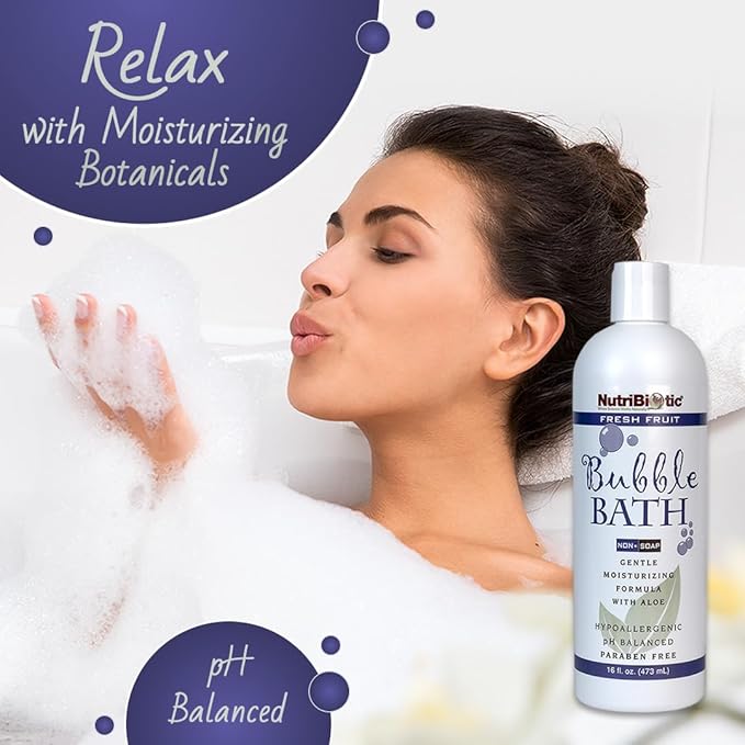 NutriBiotic Bubble Bath, Fresh Fruit, 16 Oz. Twin Pack | Gentle Moisturizing with GSE, Aloe & Botanicals | Bubble Bath Fun for Kids, Too | Tear-Free, Oil-Free, Vegan, Hypoallergenic & pH-Balanced