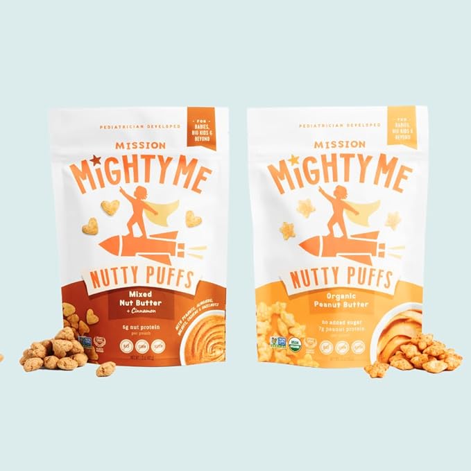 Mission Mighty Me Nutty Puffs Peanut + Mixed Nut Butter Variety for Babies + Kids – Plant-Based, Gluten-Free, Pediatrician Developed (Peanut, Mixed Nut, and Bonus Sample)