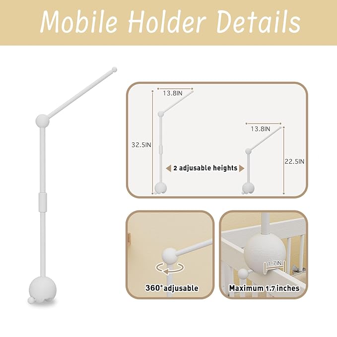 Crib Mobile Arm with Music Box,32.5 Inch White Crib Mobile Stand,Wooden Mobile Arm for Crib (2 Modes,360°Adjustable,100% Beech Wood) Baby Crib Mobile for Boy and Girl