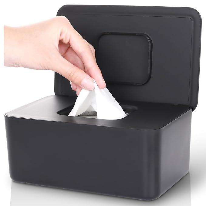 Baby Wipes Dispenser & Wipes Holder - Non-Slip Refillable Baby Wipes Container with Sealing Lid, Keeps Wipes Fresh, Portable Wipes Case for Travel & Home (Black)