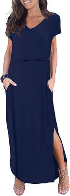 Smallshow Women's Maternity Nursing Dresses Split Long Dress for Breastfeeding