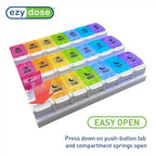 EZY DOSE Weekly (7-Day) Pill Case, Daily Medicine Planner, Vitamin Organizer Container, Large Push Button Compartments, Easy to Use, 3 Times a Day, Spring Open Design, Rainbow Lids, BPA Free