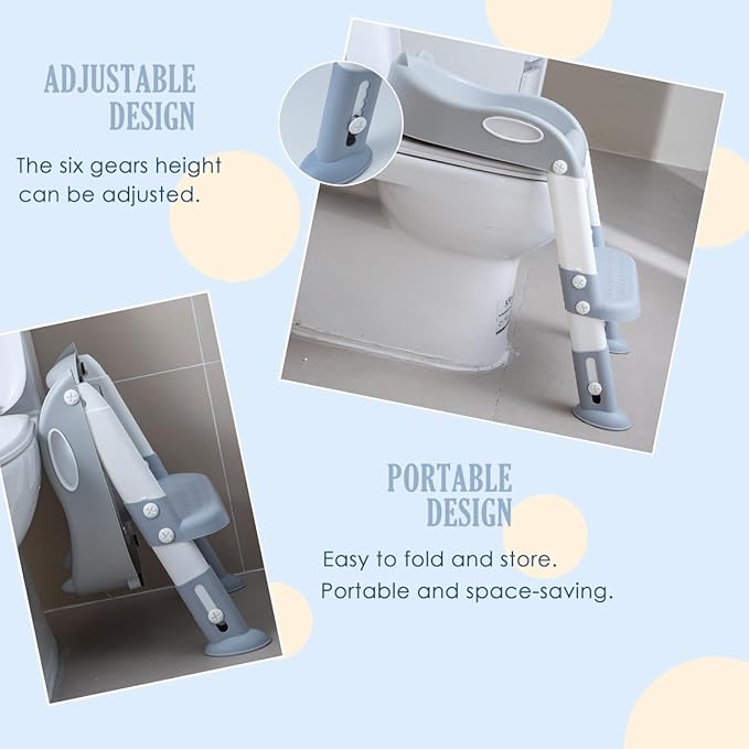 Potty Training Toilet Chair Seat with Step Stool Ladder for Kids and Toddler Boys Girls - Foldable Height Adjustable Children Toilet Training Seat with Safe Handles & Anti-Slip Pads, White-Grey