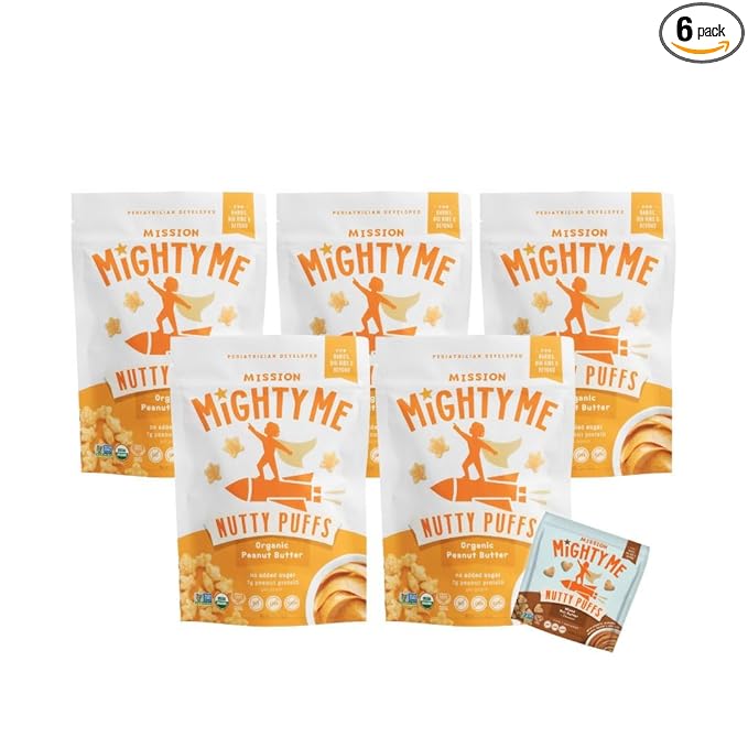 Mission Mighty Me Nutty Puffs Organic Peanut Butter Puffs for Babies + Kids - Pediatrician Developed, Plant-Based Gluten-Free Baby Snack - Peanut, and Tree Nut (6 Pack - 5 Pack Plus Mixed Nut Sample)