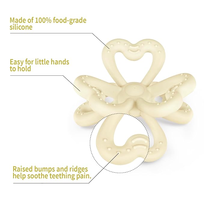 Haakaa Silicone Clover Teether Toy - Food Grade Silicone Teething Toys for Babies 3-6 Months 6-12 Months, Soft & Easy Hold Chew Toy for Infant, BPA Free (Oat)