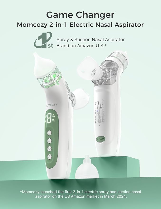 Momcozy BreezyClear™ 2-in-1 Electric Nasal Aspirator with Spray, Nasal Aspirator for Baby, 65kPa Nose Sucker with 4 Adjustable Suction Levels,Portable Electric Nose Cleaner,Light & Music Soothing