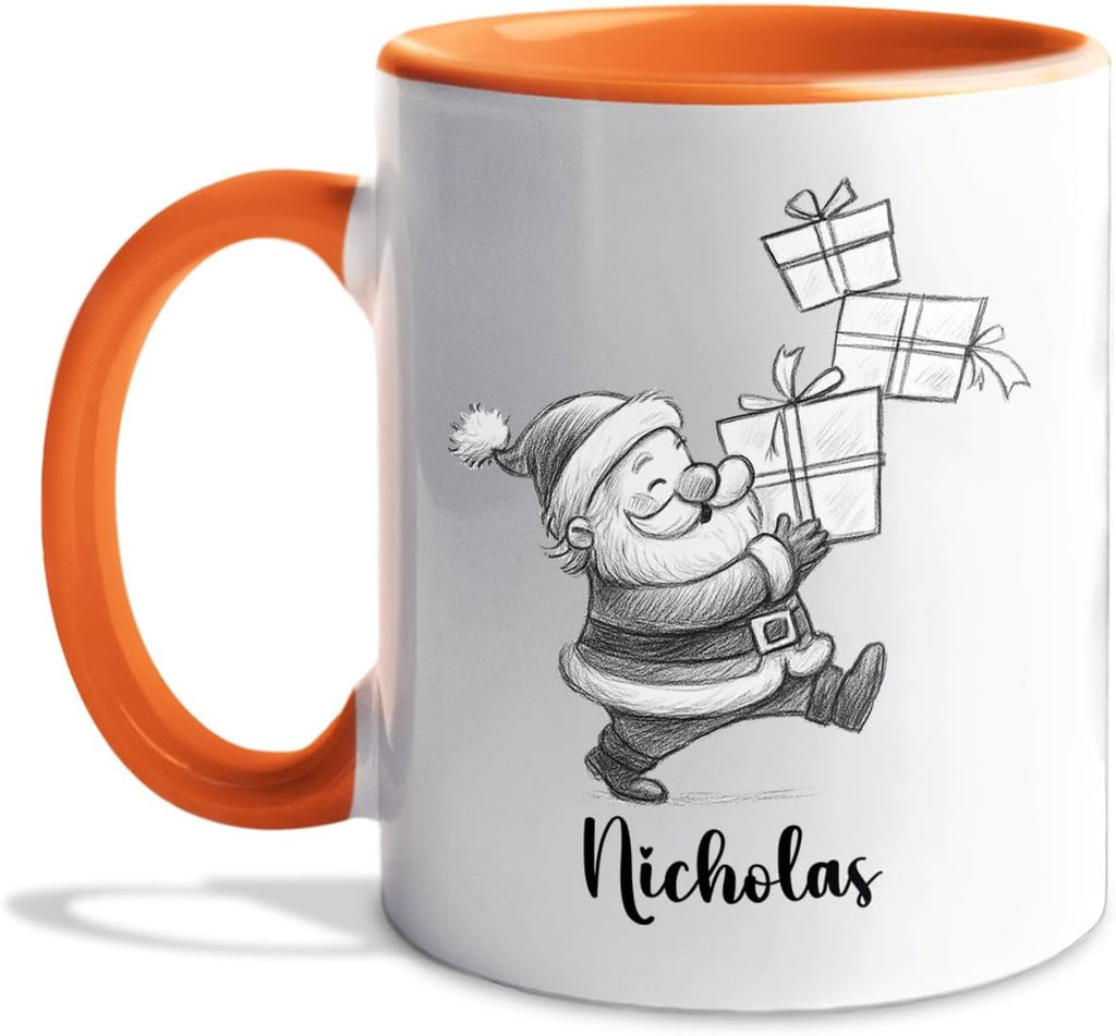 Santa Claus White Ceramic Teacup, Personalized Santa Claus Accent Coffee Mug Gift For Grandson Boyfriend Brother on Christmas Holiday, Unique Birthday Coffee Cup 11 Oz 15 Oz, Custom Name Kids Teacup