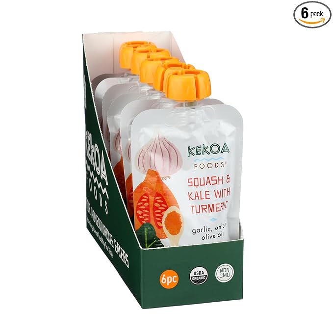 Kekoa Foods Squash & Kale with Turmeric Baby Food Purée | 100% USDA Certified-Organic Vegetarian Squeeze Pouch | Organic, Non-GMO, Gluten-Free, Vegan | Nutritious First Food for Babies | 3.5 oz