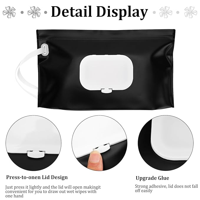 FEBSNOW 2 Pack Baby Wipes Dispenser Holder, Black Portable Refillable Baby Wet Wipes Pouch Container Reusable Travel Case