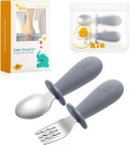Toddler Utensils, Toddler Forks and Spoons, Baby Spoons Self Feeding, Stainless Steel Baby Silverware with BPA Free Silicone Easy Grip, 8 Months+