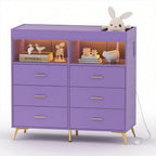 Dresser for Bedroom with LED Lights and Power Outlet, Baby Changing Table Dresser with 6 Drawers, 2 Open Storage Shelves, Baby Diaper Station with Changing Table Top (Purple)