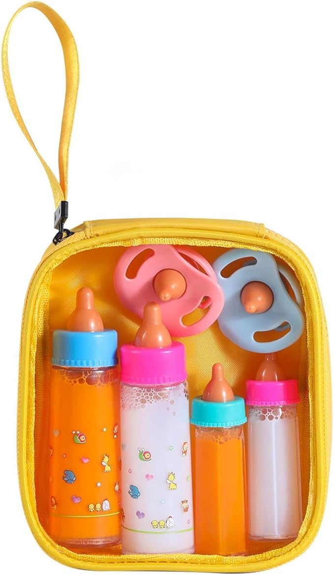 Baby Doll Bottle Accessories - 6 Pcs Feeding Bottle Toys, Magic Disappearing Milk & Juice, Pretend Play Set with Pacifiers Kids Gift Yellow