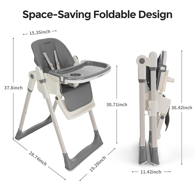 3-in-1 Foldable High Chair for Babies & Toddlers – Adjustable Height, Reclining Seat, 5-Point Safety Harness, Removable Tray, Lockable Wheels, Washable Cushion – Portable & Easy Clean, Grey