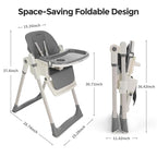 3-in-1 Foldable High Chair for Babies & Toddlers – Adjustable Height, Reclining Seat, 5-Point Safety Harness, Removable Tray, Lockable Wheels, Washable Cushion – Portable & Easy Clean, Grey